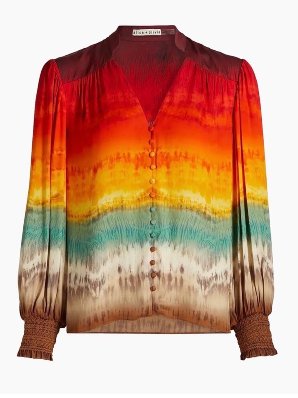 NWT Alice + Olivia Serena Rainbow Tie dye Peasant Top Blouson Boho Colorful Sz L - Picture 3 of 14